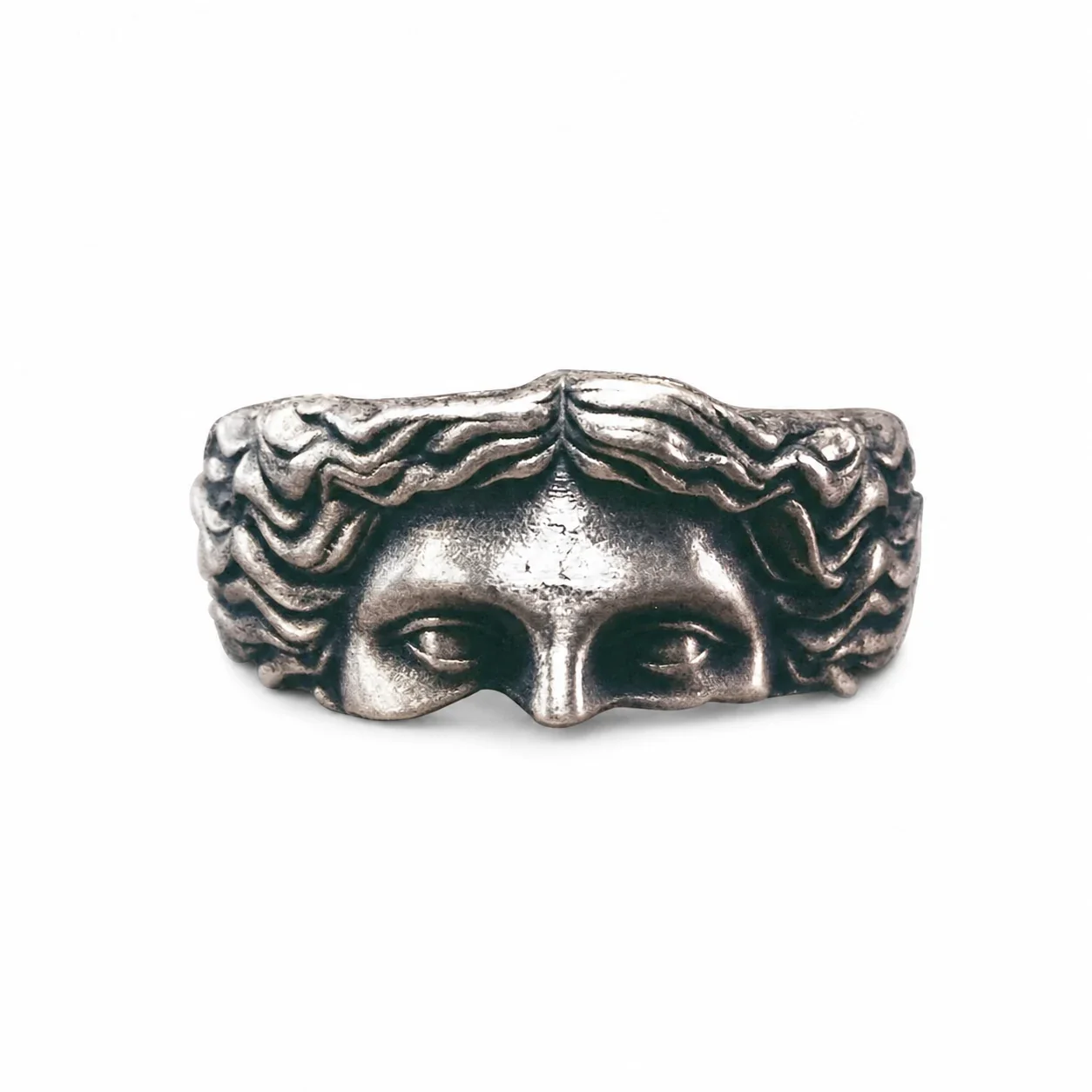 Antiqued Silver-Plated Face Relief Open-Front Ring