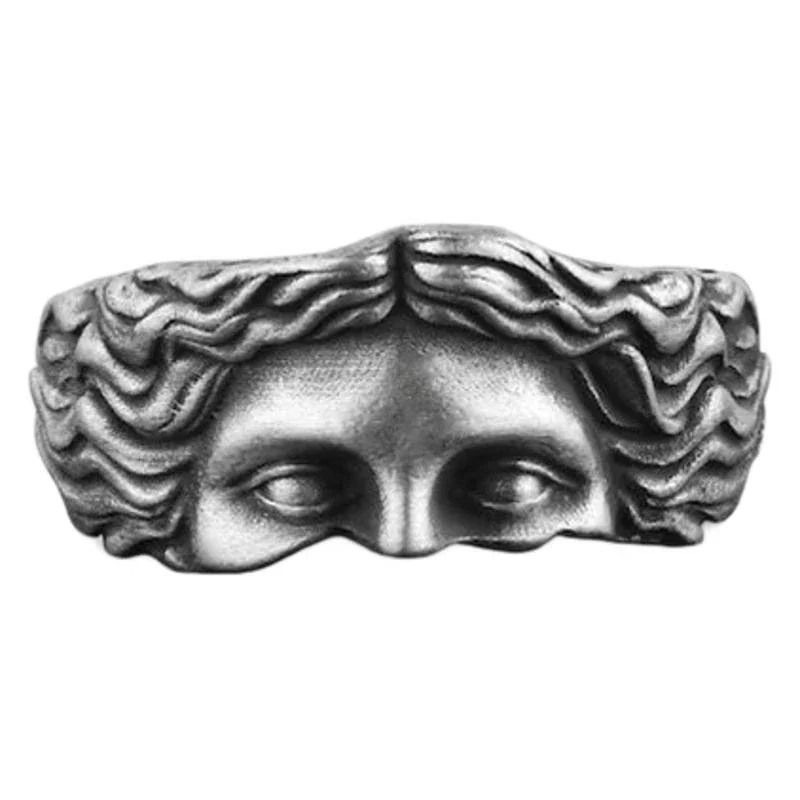Antiqued Silver-Plated Face Relief Open-Front Ring