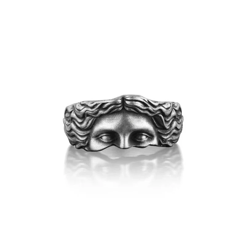 Antiqued Silver-Plated Face Relief Open-Front Ring - Silver