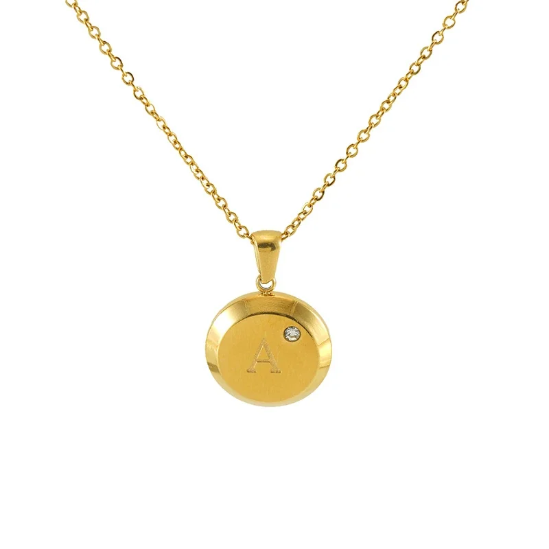 Polished Stainless Steel Round Initial Crystal Necklace