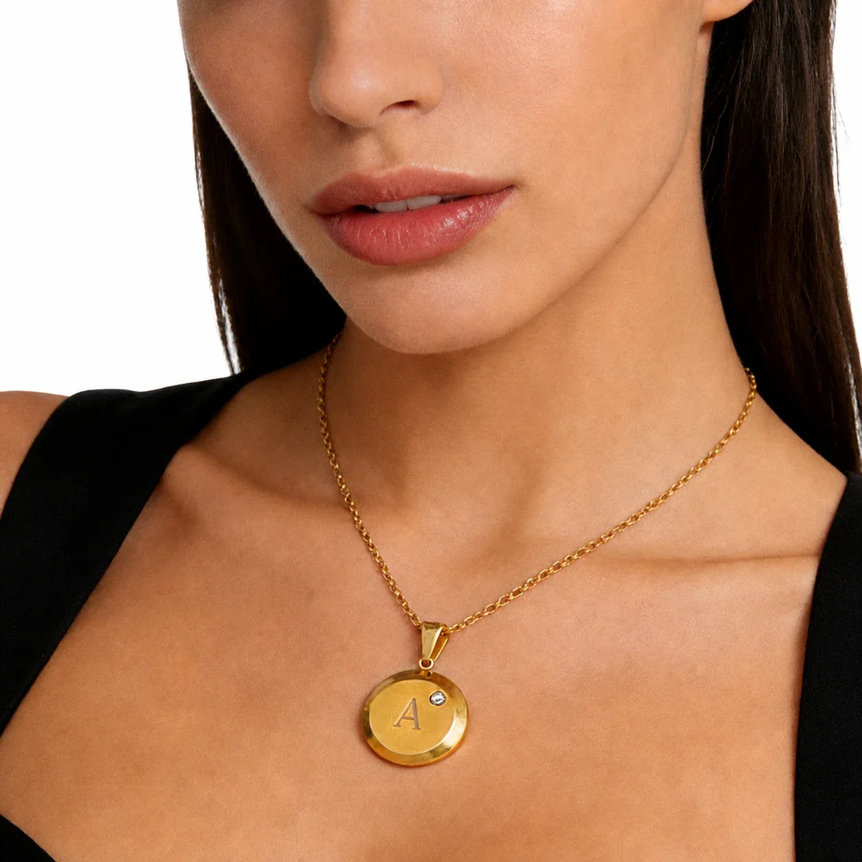 Polished Stainless Steel Round Initial Crystal Necklace
