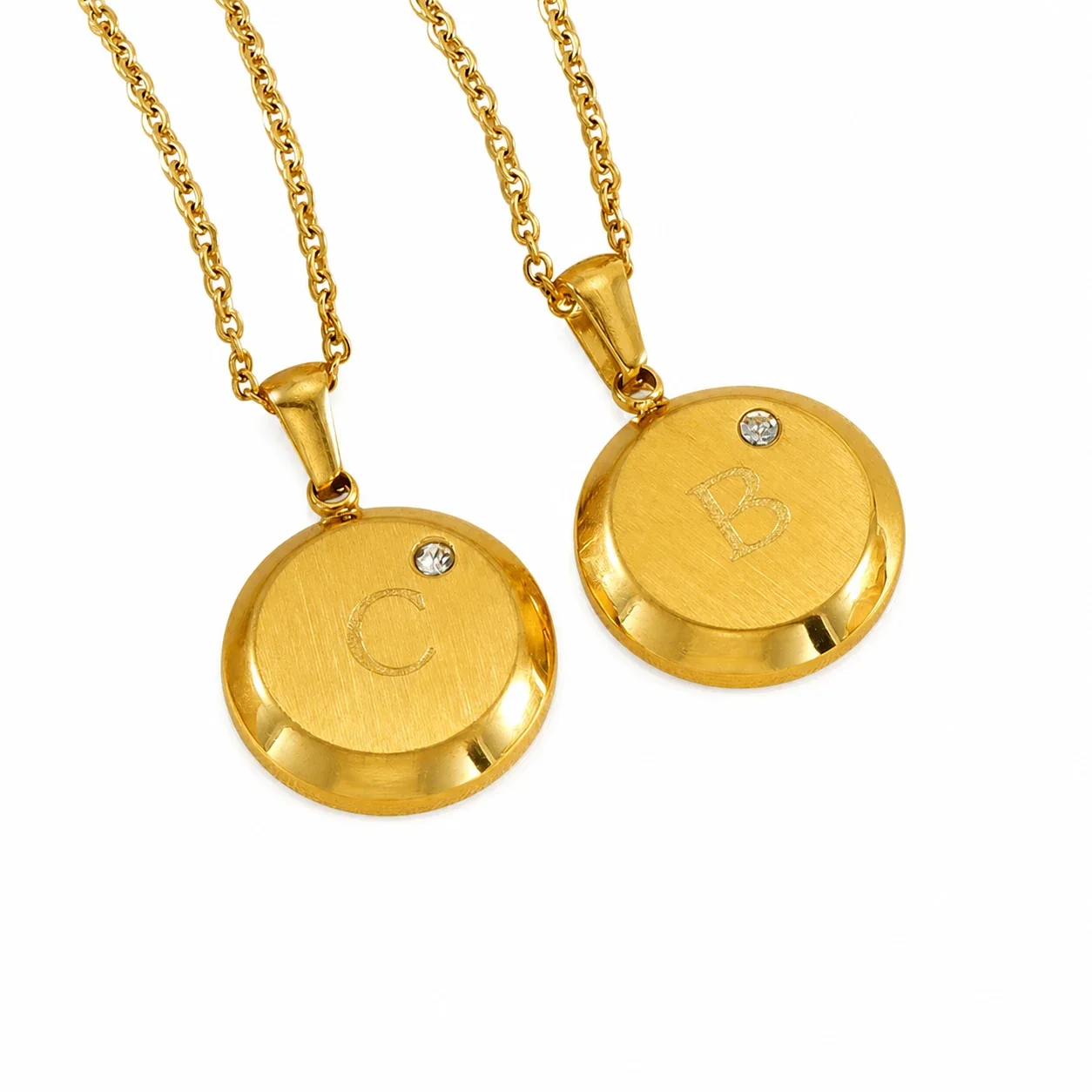 Polished Stainless Steel Round Initial Crystal Necklace