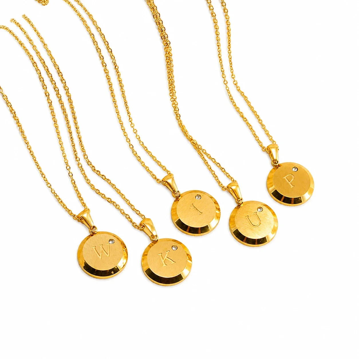 Polished Stainless Steel Round Initial Crystal Necklace