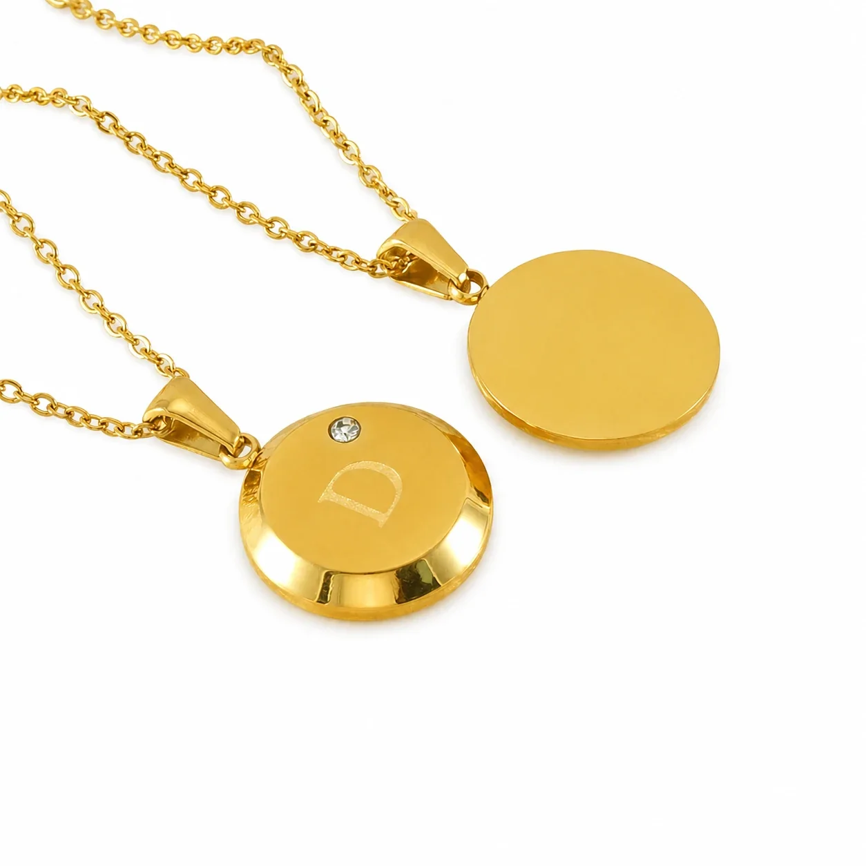 Polished Stainless Steel Round Initial Crystal Necklace