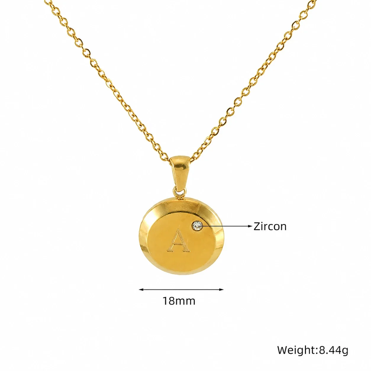 Polished Stainless Steel Round Initial Crystal Necklace - Gold A