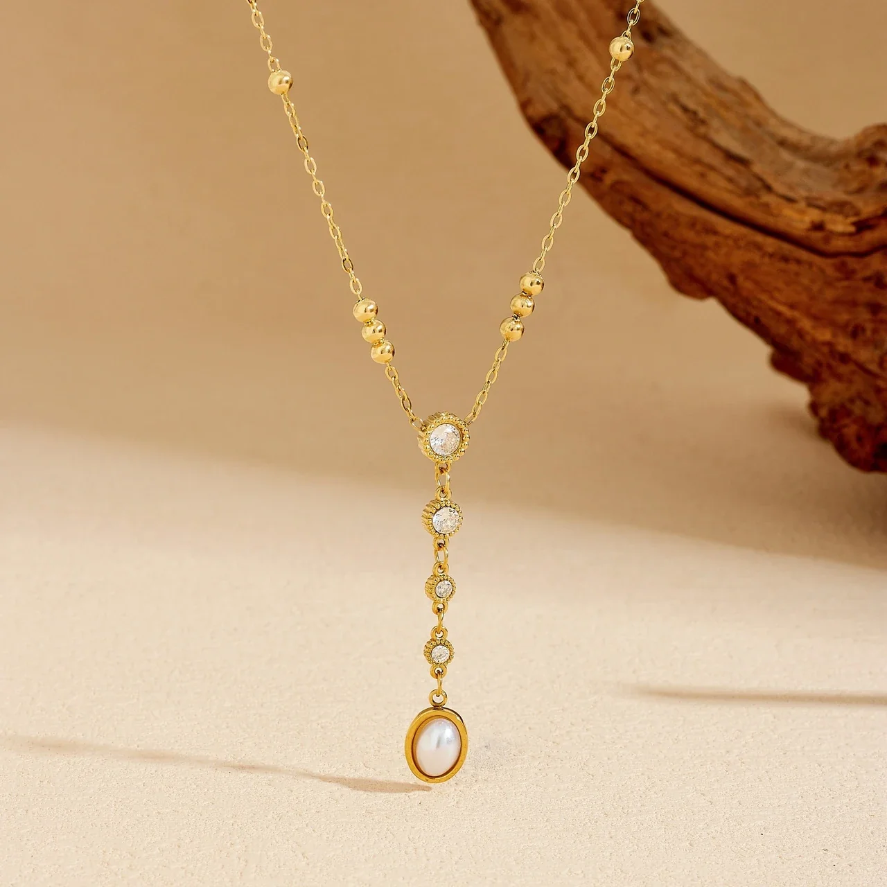 Y Pendant Necklace, Resin Pearl &, Gold-Plated Stainless Steel
