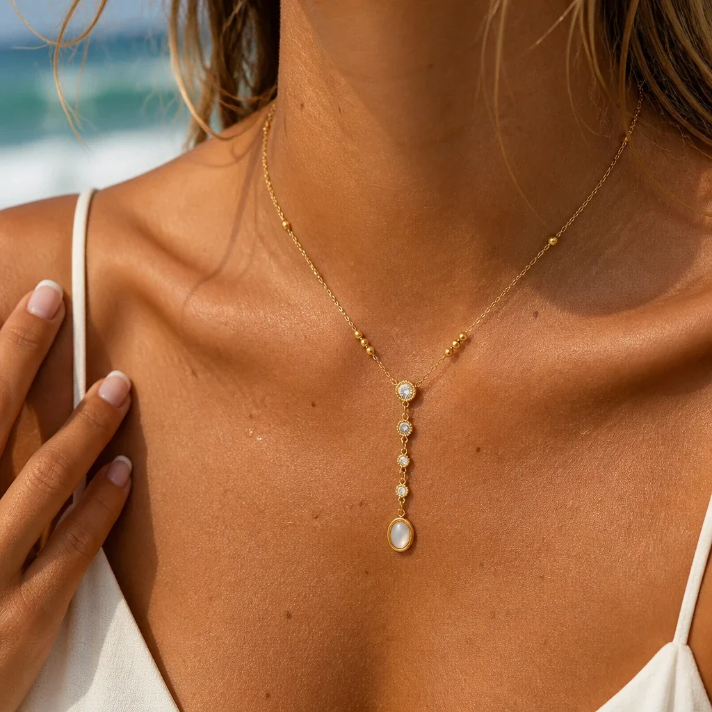 Y Pendant Necklace, Resin Pearl &, Gold-Plated Stainless Steel