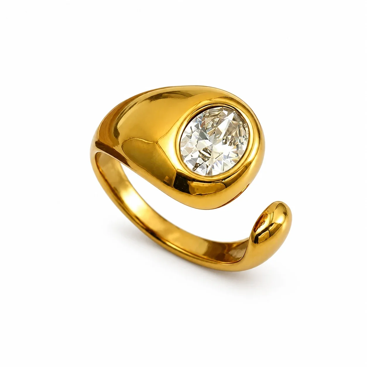 Sculptural Gold-Plated 316 Stainless Steel Teardrop CZ Ring