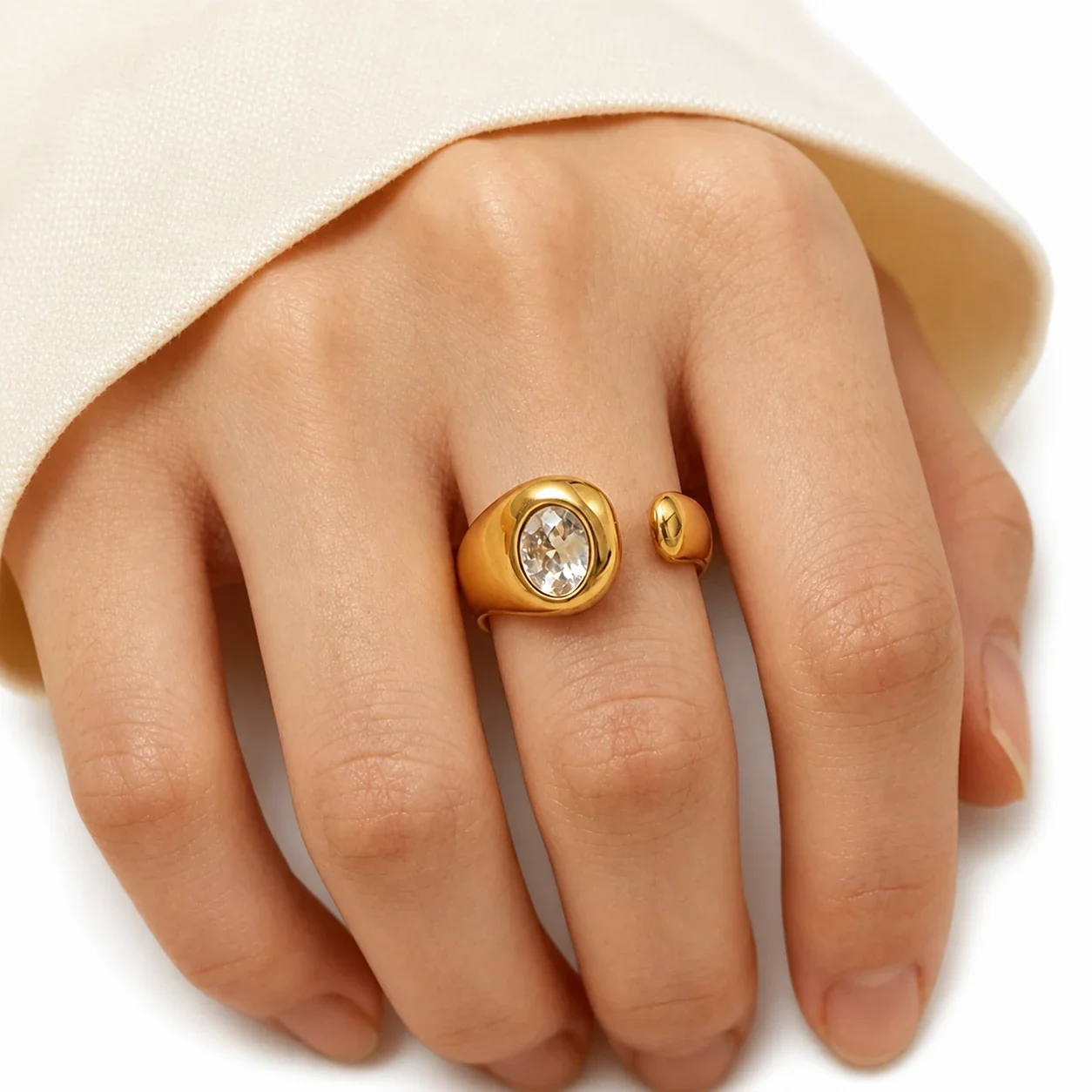 Sculptural Gold-Plated 316 Stainless Steel Teardrop CZ Ring