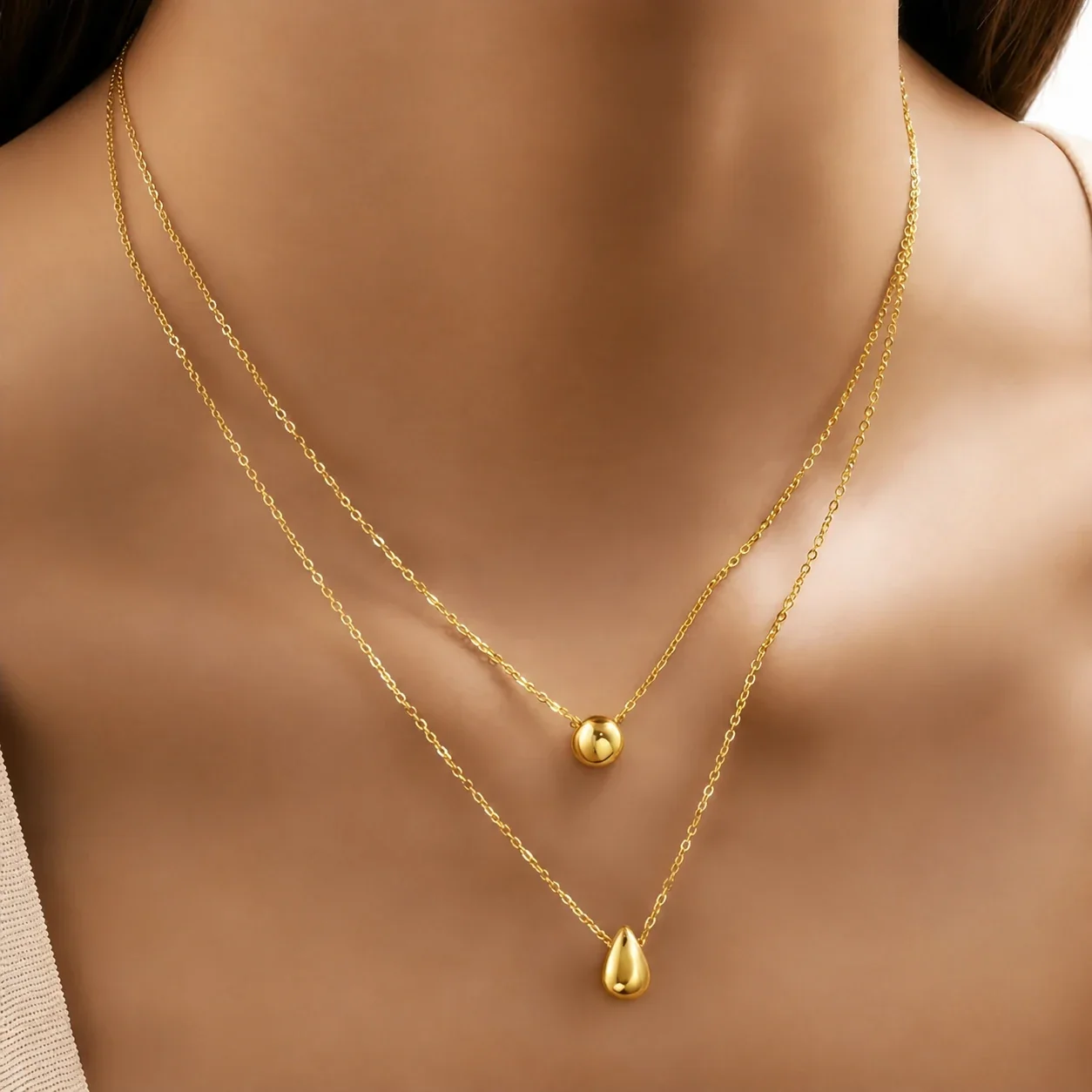 Layered Ball Teardrop Necklace 316 Stainless Steel Gold PVD