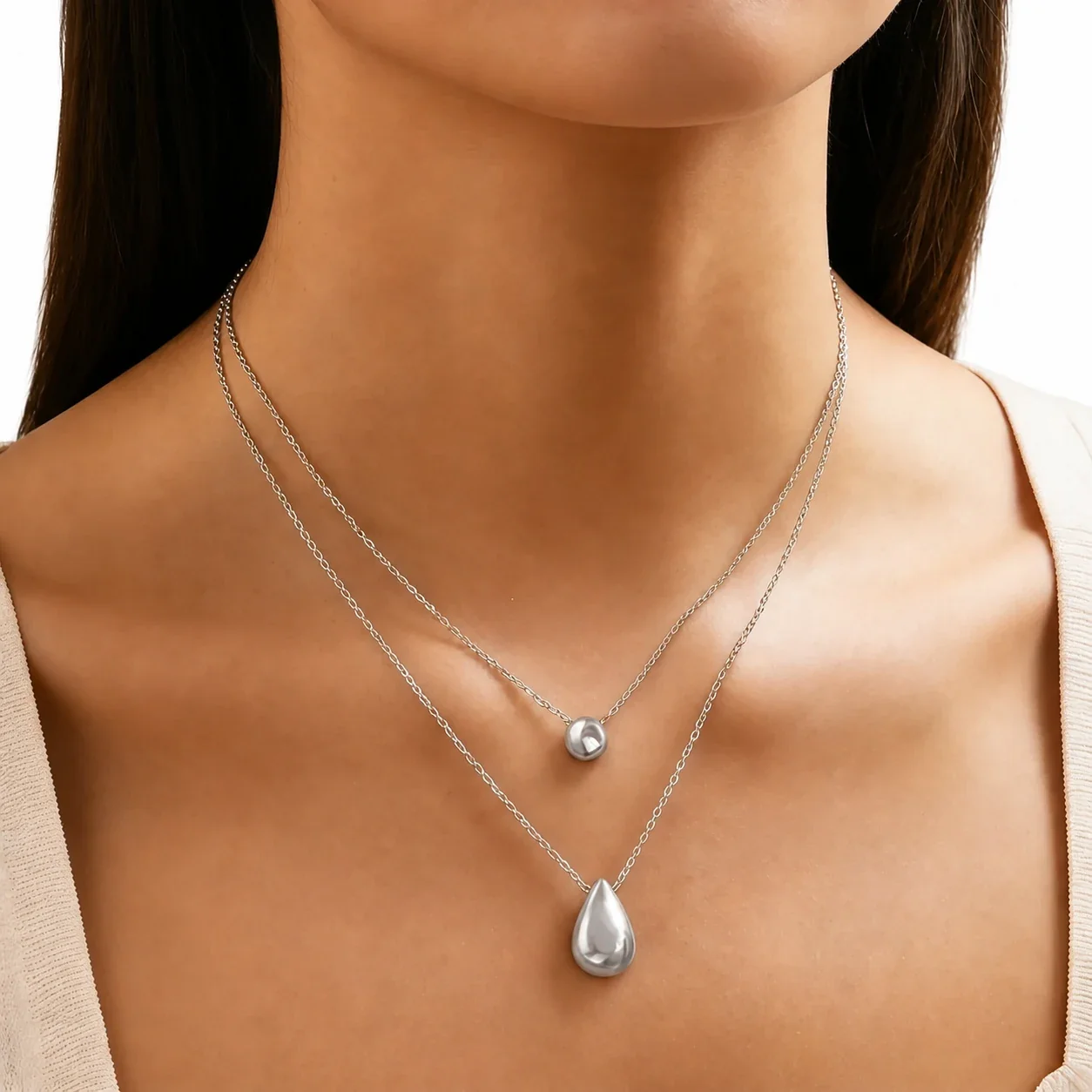 Layered Ball Teardrop Necklace 316 Stainless Steel Gold PVD