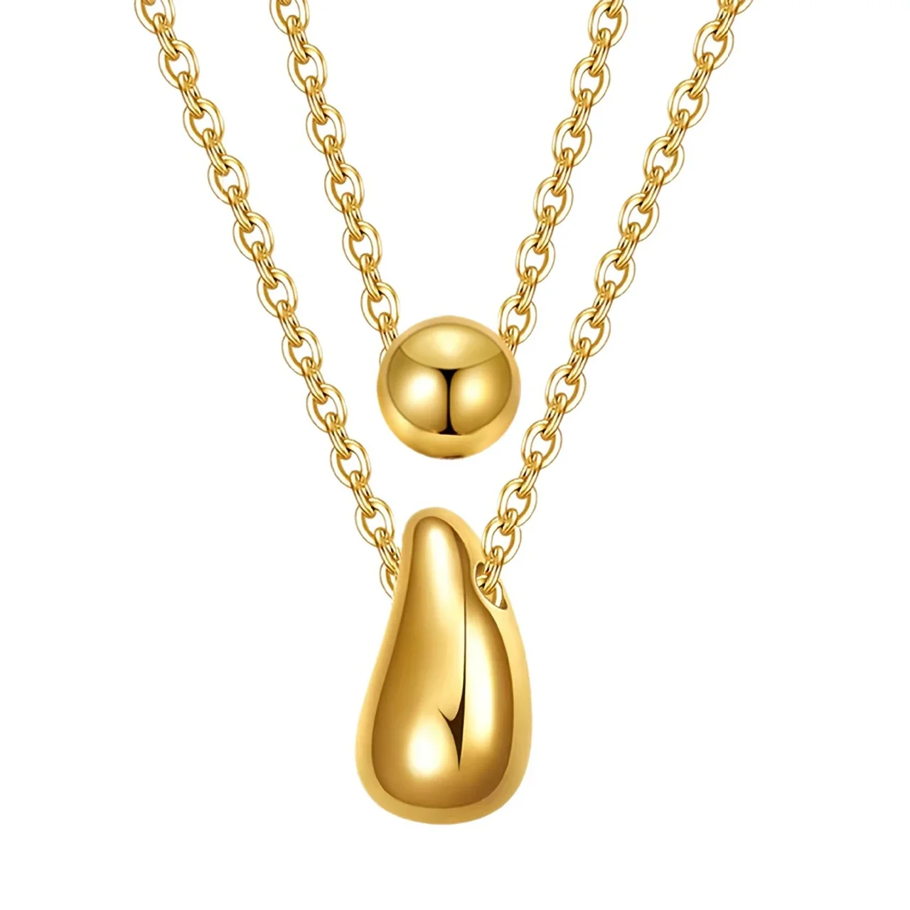 Layered Ball Teardrop Necklace 316 Stainless Steel Gold PVD