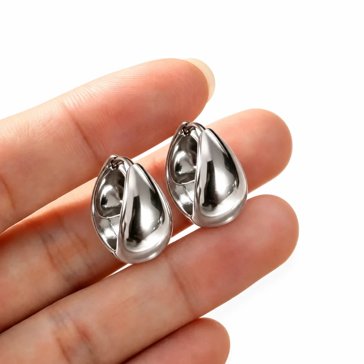 Sculptural 316 Stainless Teardrop Dome Huggie Earrings - Silver