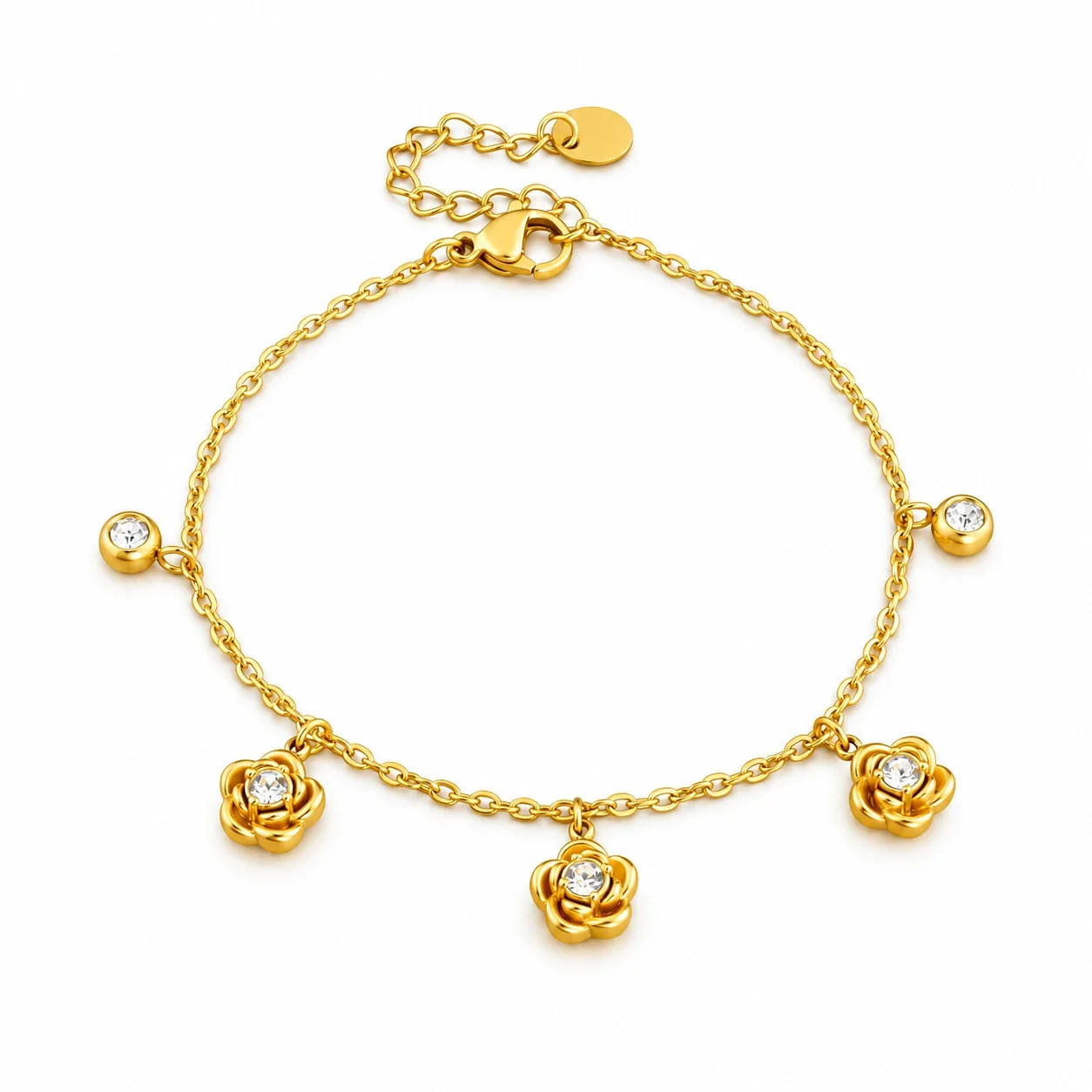 Rozenbedelarmband met CZ-druppels in kastzetting, verguld staal productfoto
