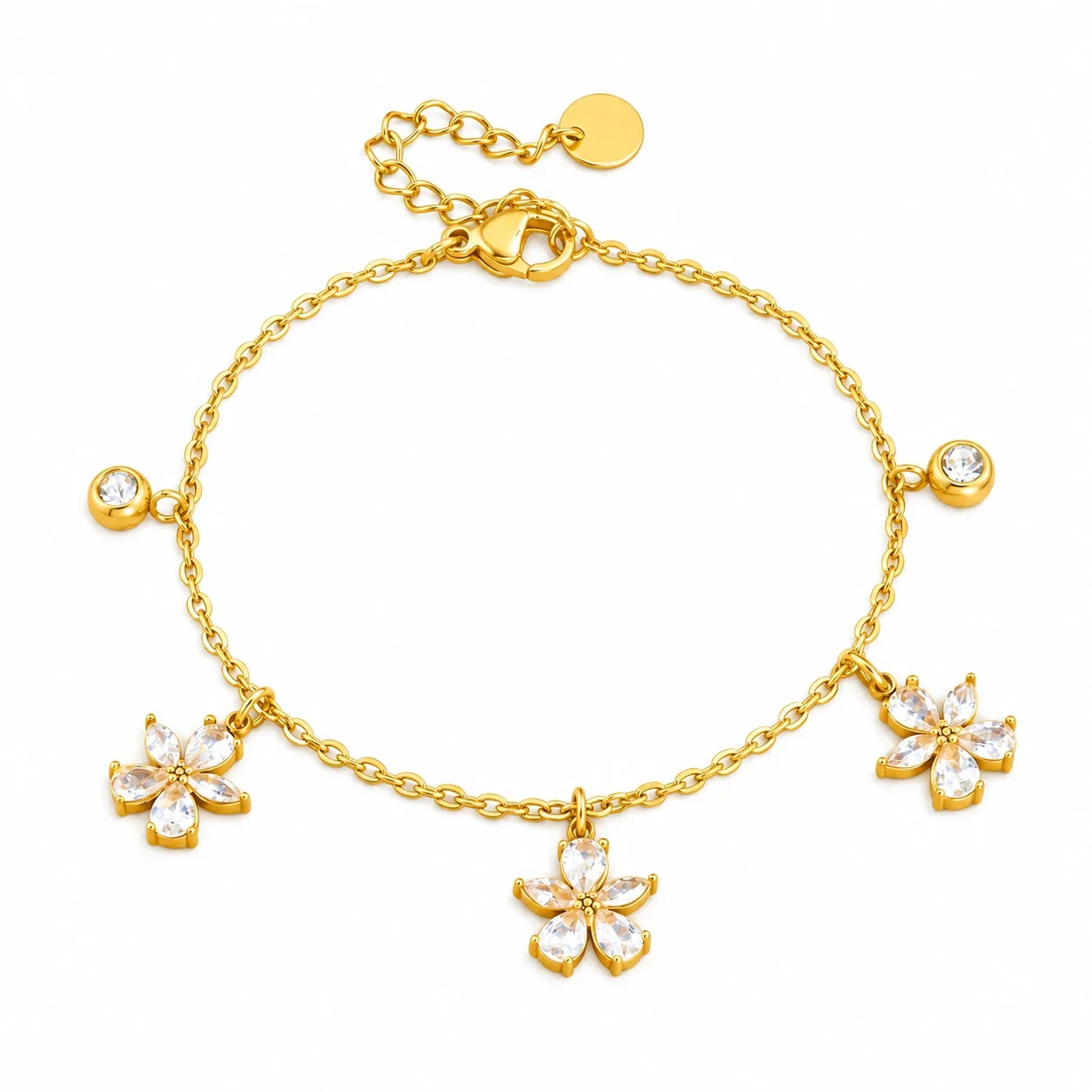 Rozenbedelarmband met CZ-druppels in kastzetting, verguld staal productfoto