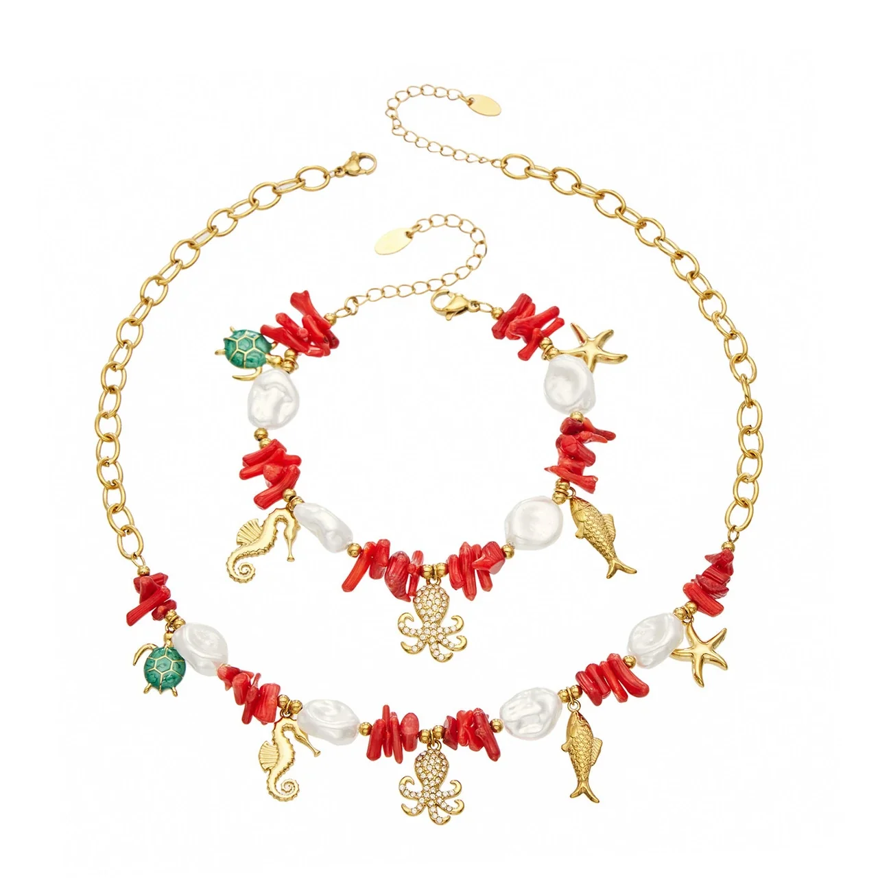 Jewelry Set Red Beads, Sea Charms & Gold-Plated Steel