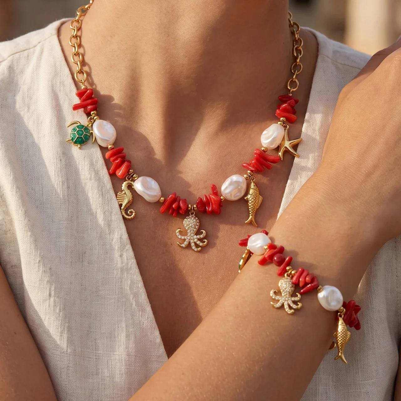 Jewelry Set Red Beads, Sea Charms & Gold-Plated Steel