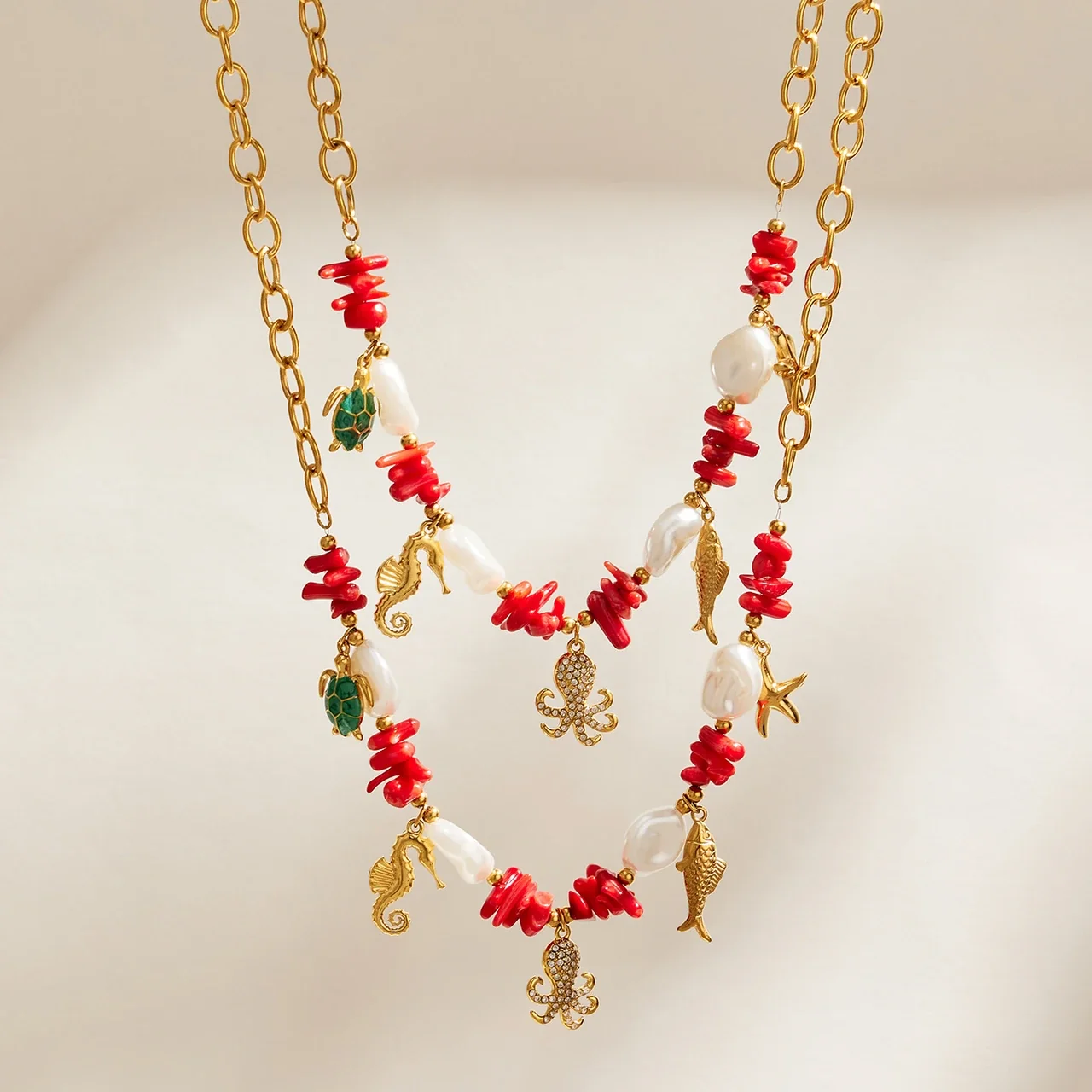 Jewelry Set Red Beads, Sea Charms & Gold-Plated Steel