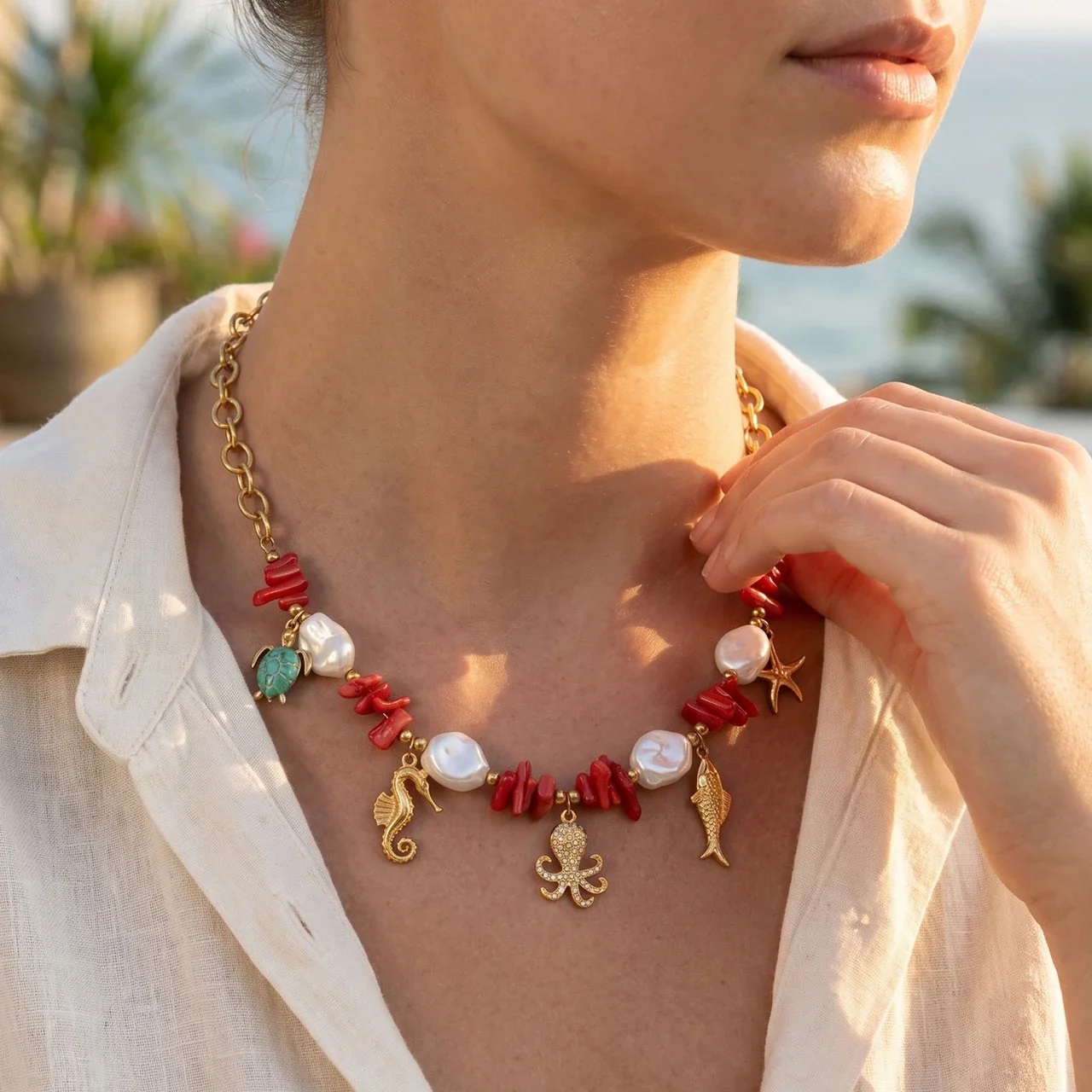 Jewelry Set Red Beads, Sea Charms & Gold-Plated Steel