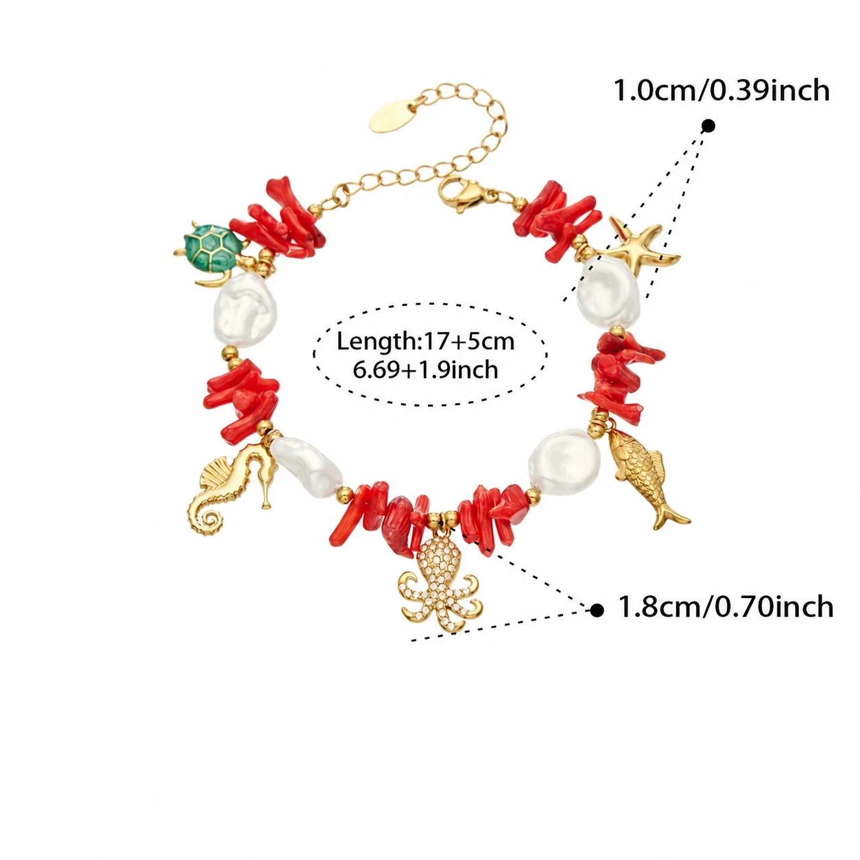 Jewelry Set Red Beads, Sea Charms & Gold-Plated Steel - Silver Sea Creature , 17+5 cm