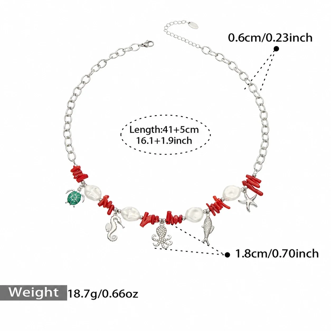 Jewelry Set Red Beads, Sea Charms & Gold-Plated Steel - Silver Sea Creature , 41+5 cm