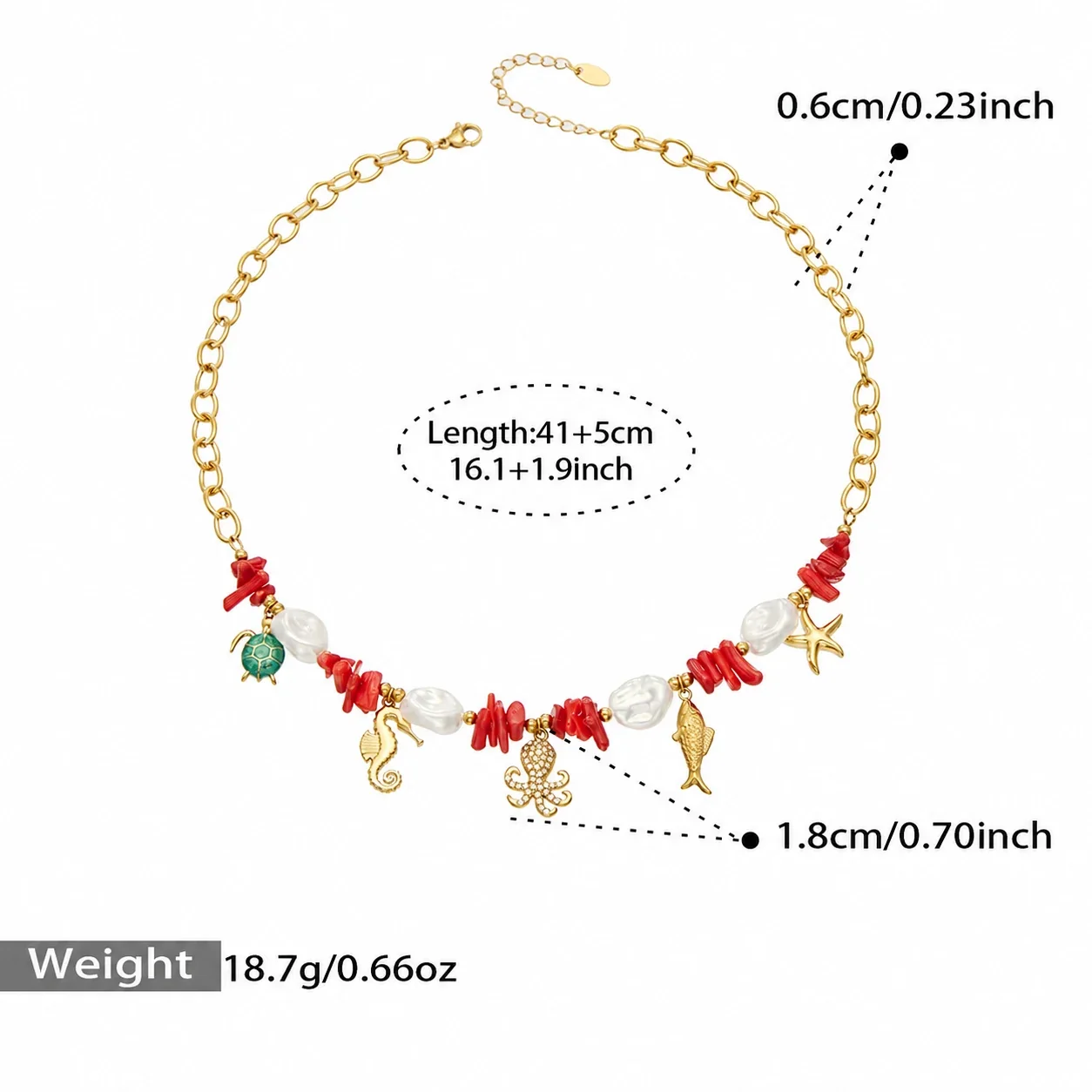 Jewelry Set Red Beads, Sea Charms & Gold-Plated Steel - Gold Sea Creature , 41+5 cm