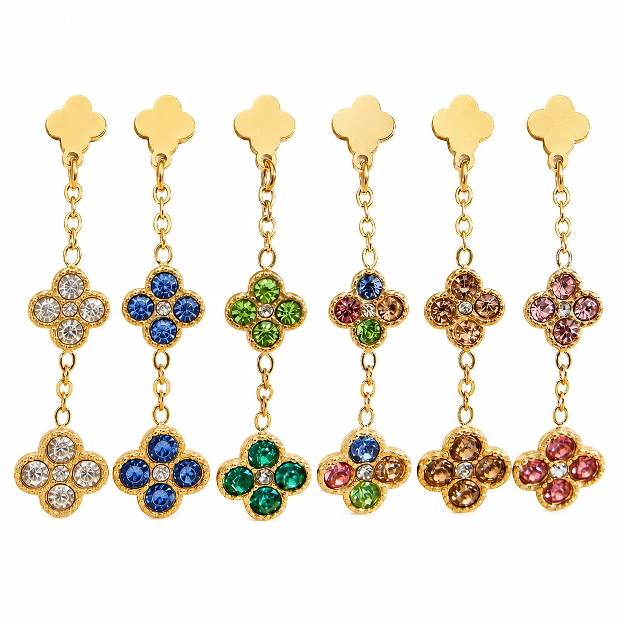 Quatrefoil 316L Stainless Steel CZ Chain PVD Drop Earrings