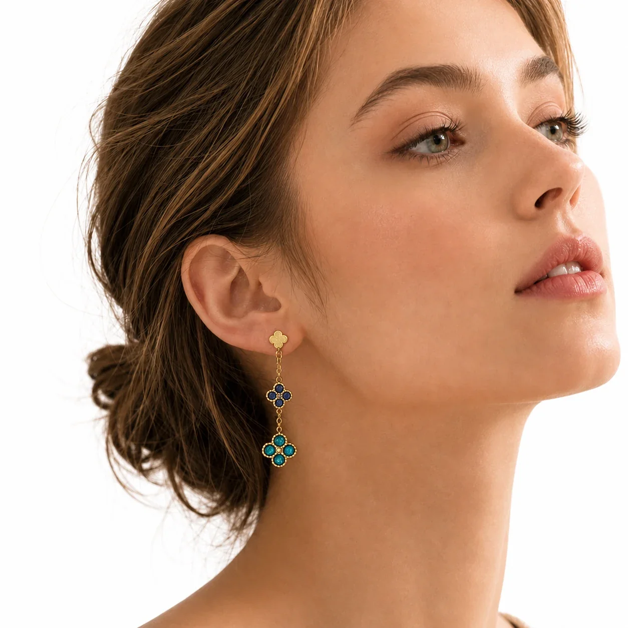Quatrefoil 316L Stainless Steel CZ Chain Drop Earrings