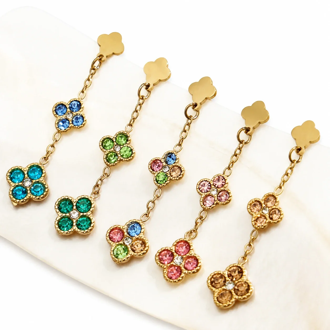Quatrefoil 316L Stainless Steel CZ Chain Drop Earrings