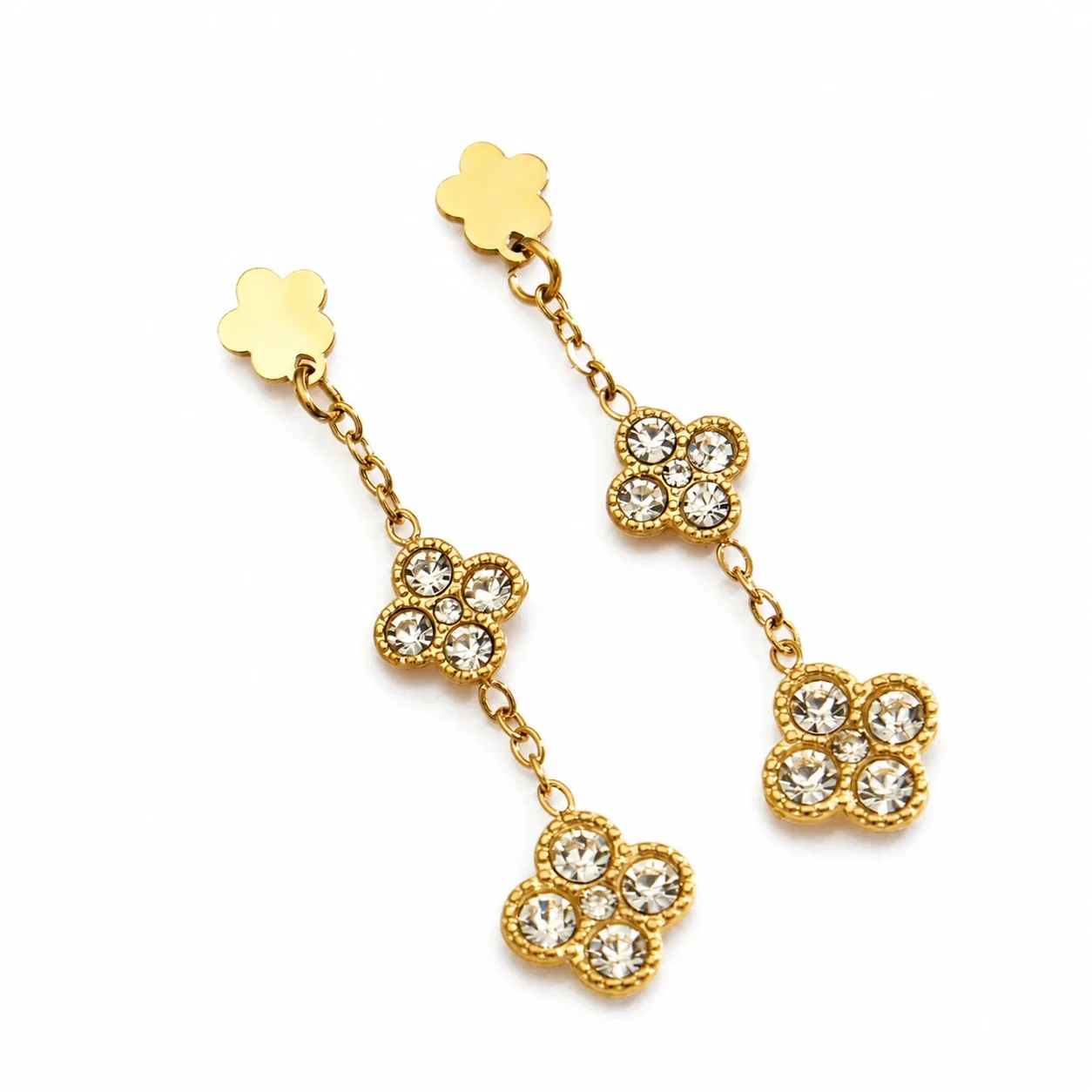 Quatrefoil 316L Stainless Steel CZ Chain Drop Earrings