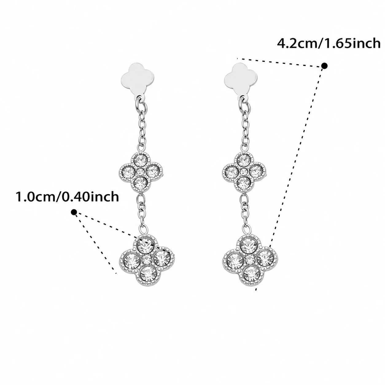 Quatrefoil 316L Stainless Steel CZ Chain Drop Earrings - Silver Clear CZ