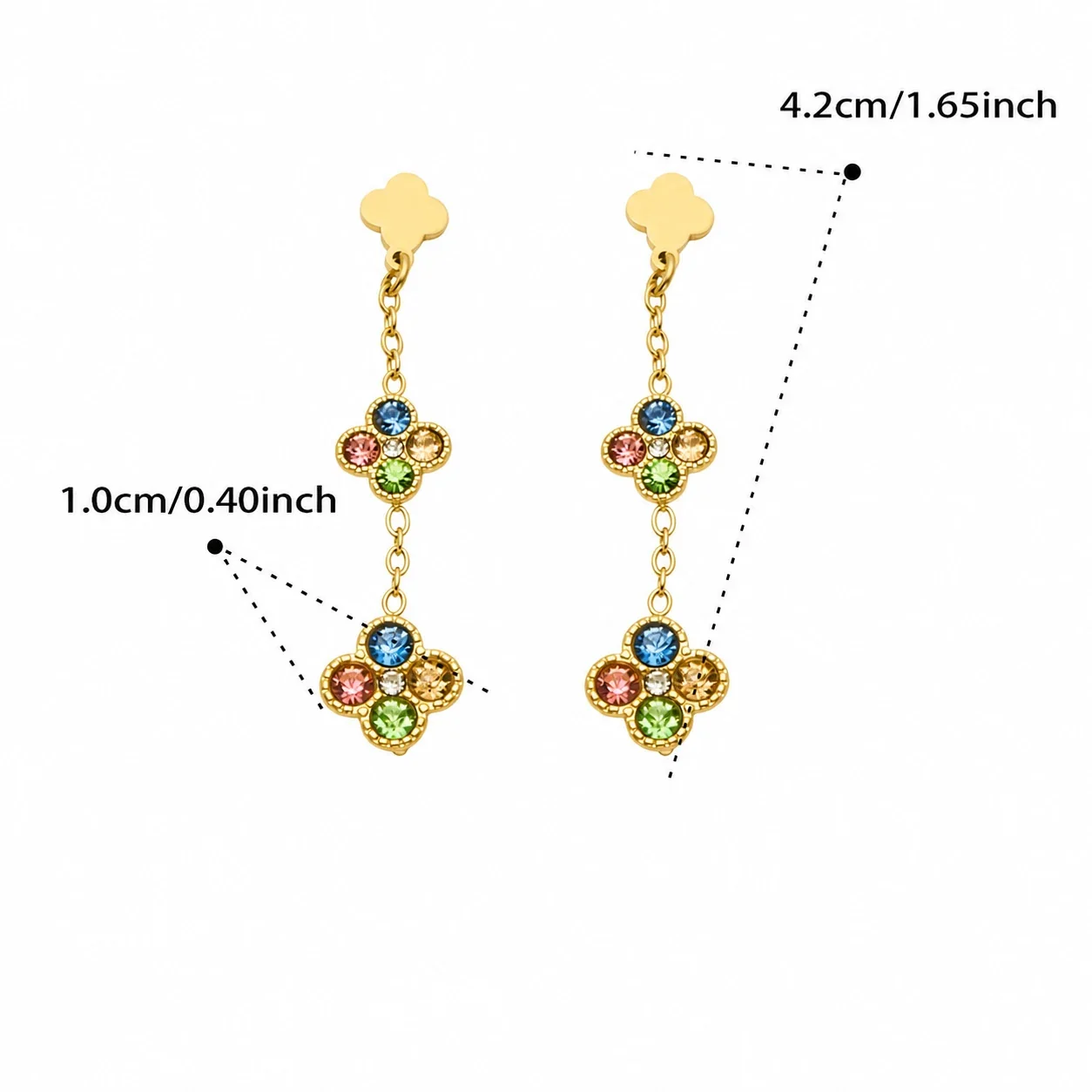 Quatrefoil 316L Stainless Steel CZ Chain Drop Earrings - Gold Multicolor CZ
