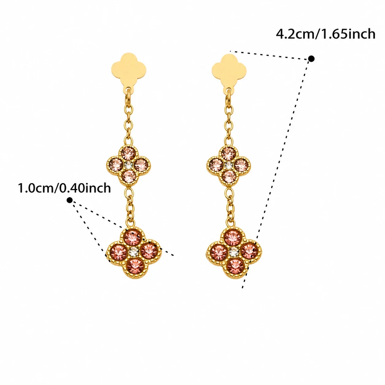 Quatrefoil 316L Stainless Steel CZ Chain Drop Earrings - Gold Pink CZ