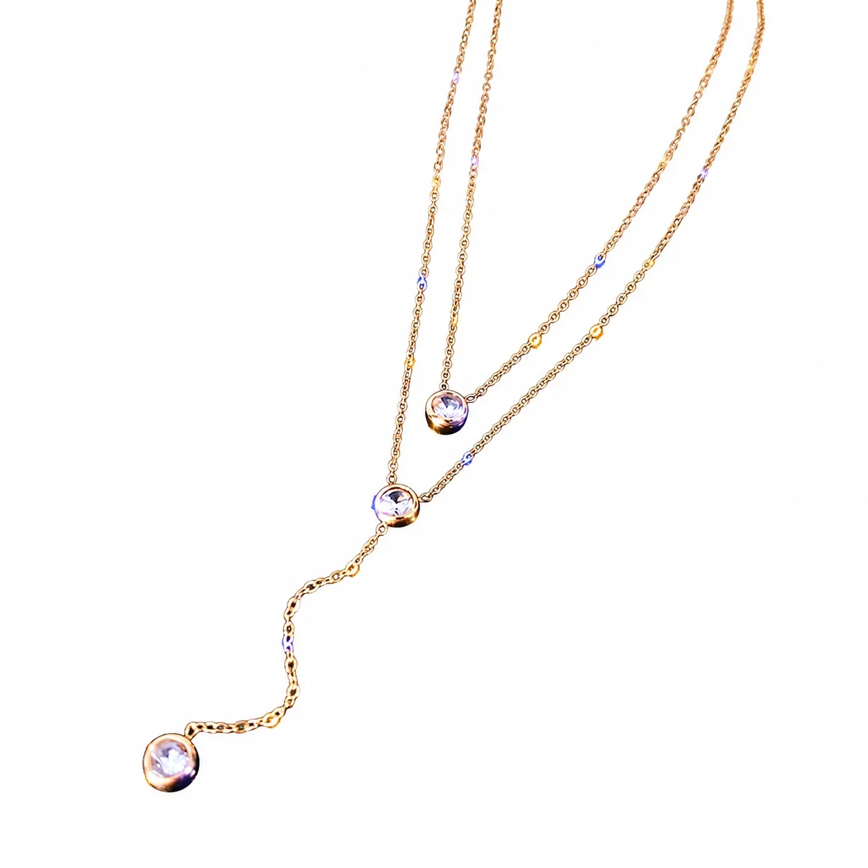 Gelaagde ketting met drie kristallen in kastzetting van roestvrij staal productfoto