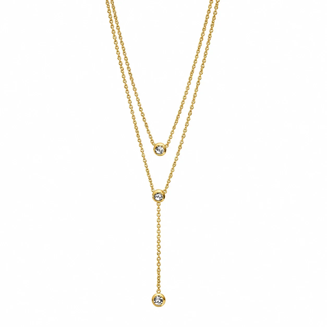 Gelaagde ketting met drie kristallen in kastzetting van roestvrij staal productfoto