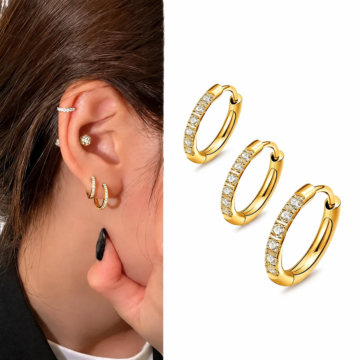 Hoop Earrings with Square Clear Crystals, Stainless Steel