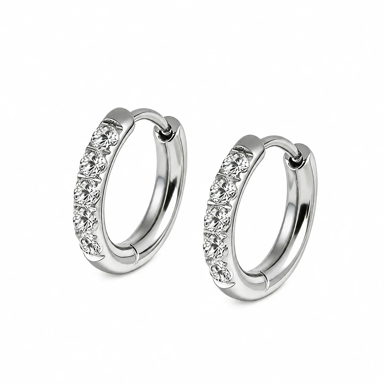Hoop Earrings with Square Clear Crystals, Stainless Steel - Silver 8 mm Pair (inner diameter)