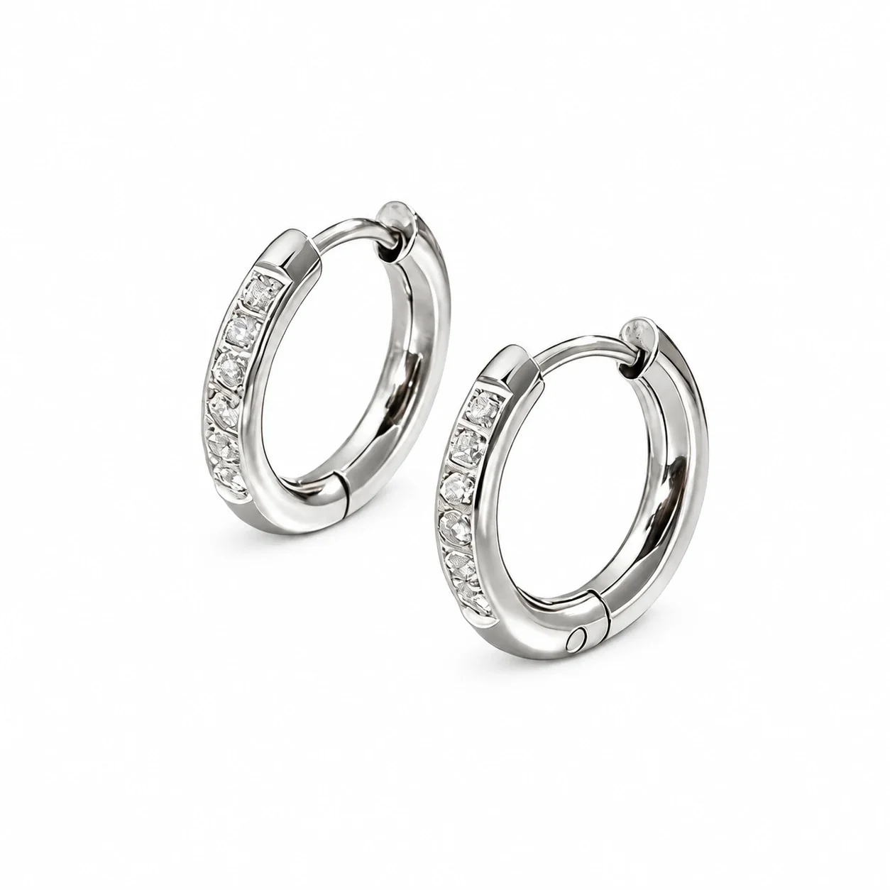 Hoop Earrings with Square Clear Crystals, Stainless Steel - Silver 10 mm Pair (inner diameter)
