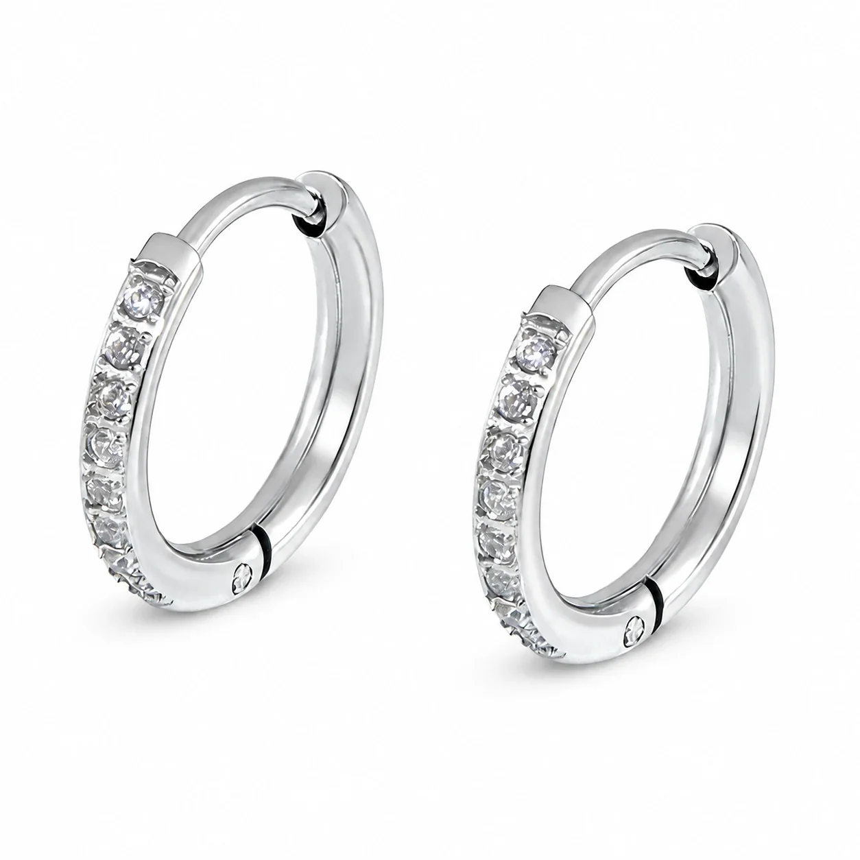 Hoop Earrings with Square Clear Crystals, Stainless Steel - Silver 12 mm Pair (inner diameter)
