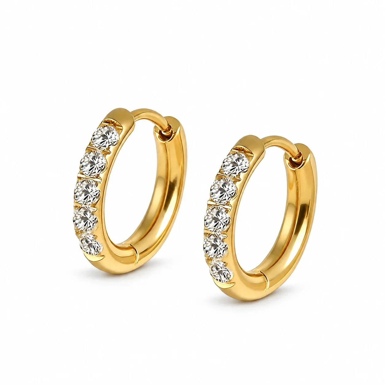 Hoop Earrings with Square Clear Crystals, Stainless Steel - Gold 8 mm Pair (inner diameter)