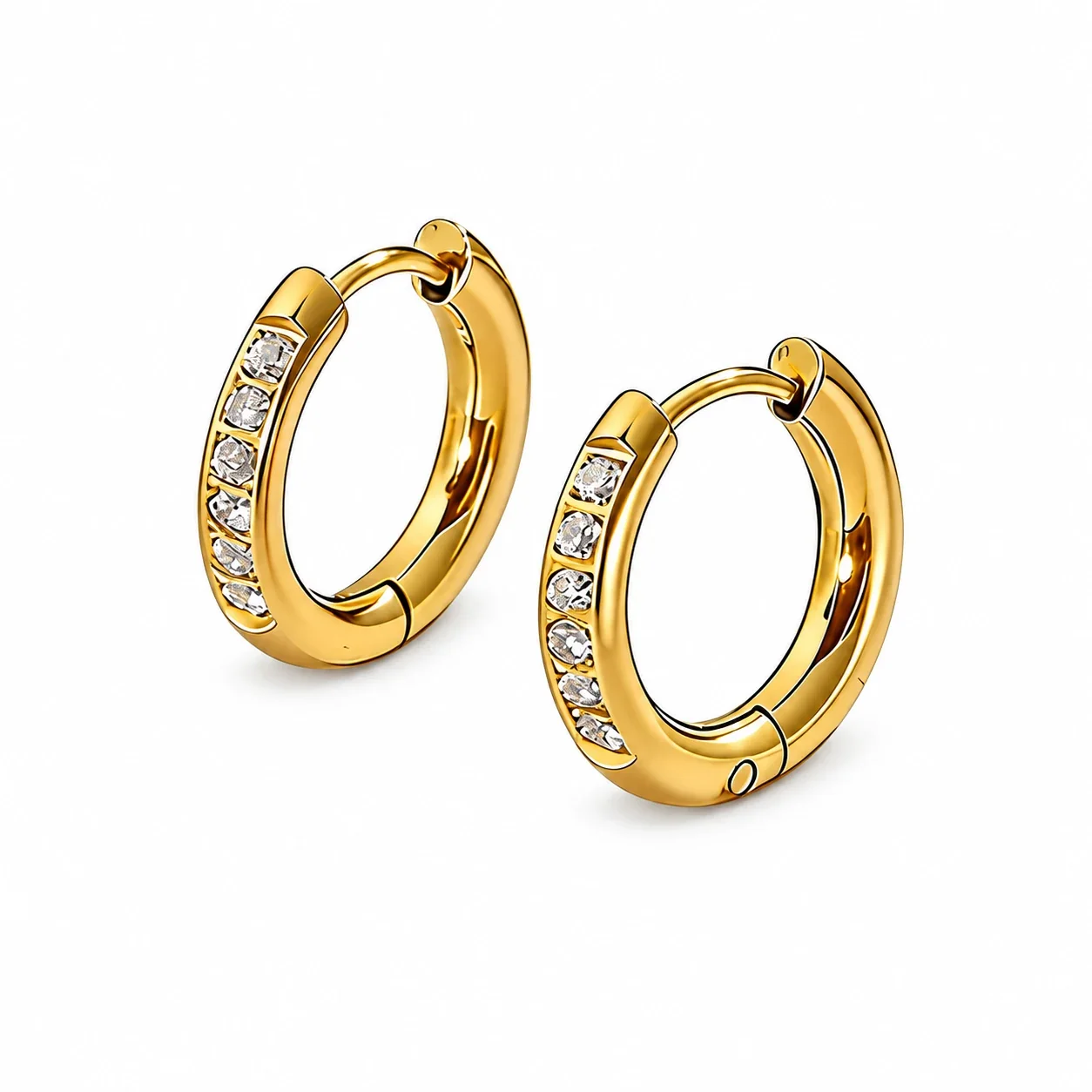 Hoop Earrings with Square Clear Crystals, Stainless Steel - Gold 10 mm Pair (inner diameter)