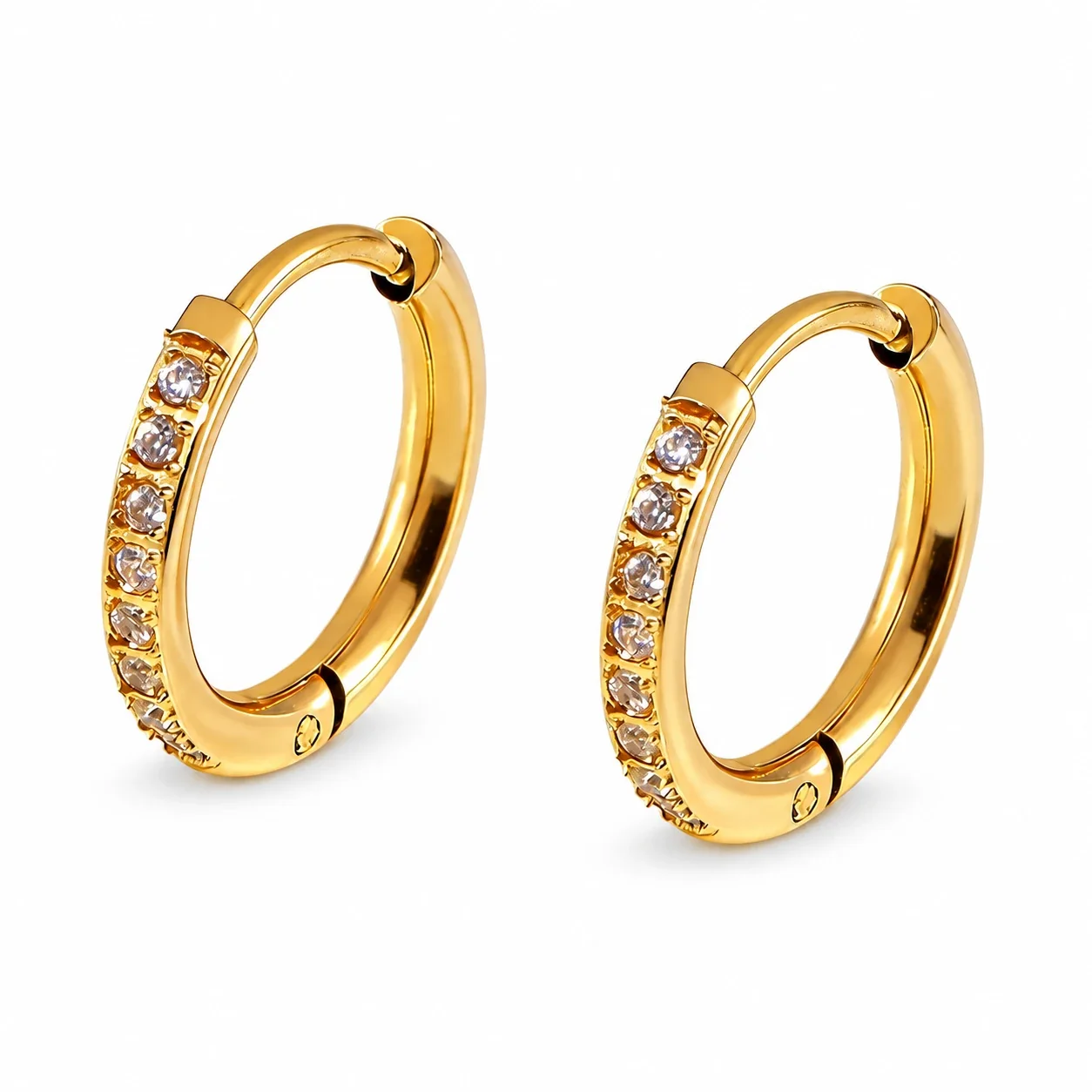 Hoop Earrings with Square Clear Crystals, Stainless Steel - Gold 12 mm Pair (inner diameter)
