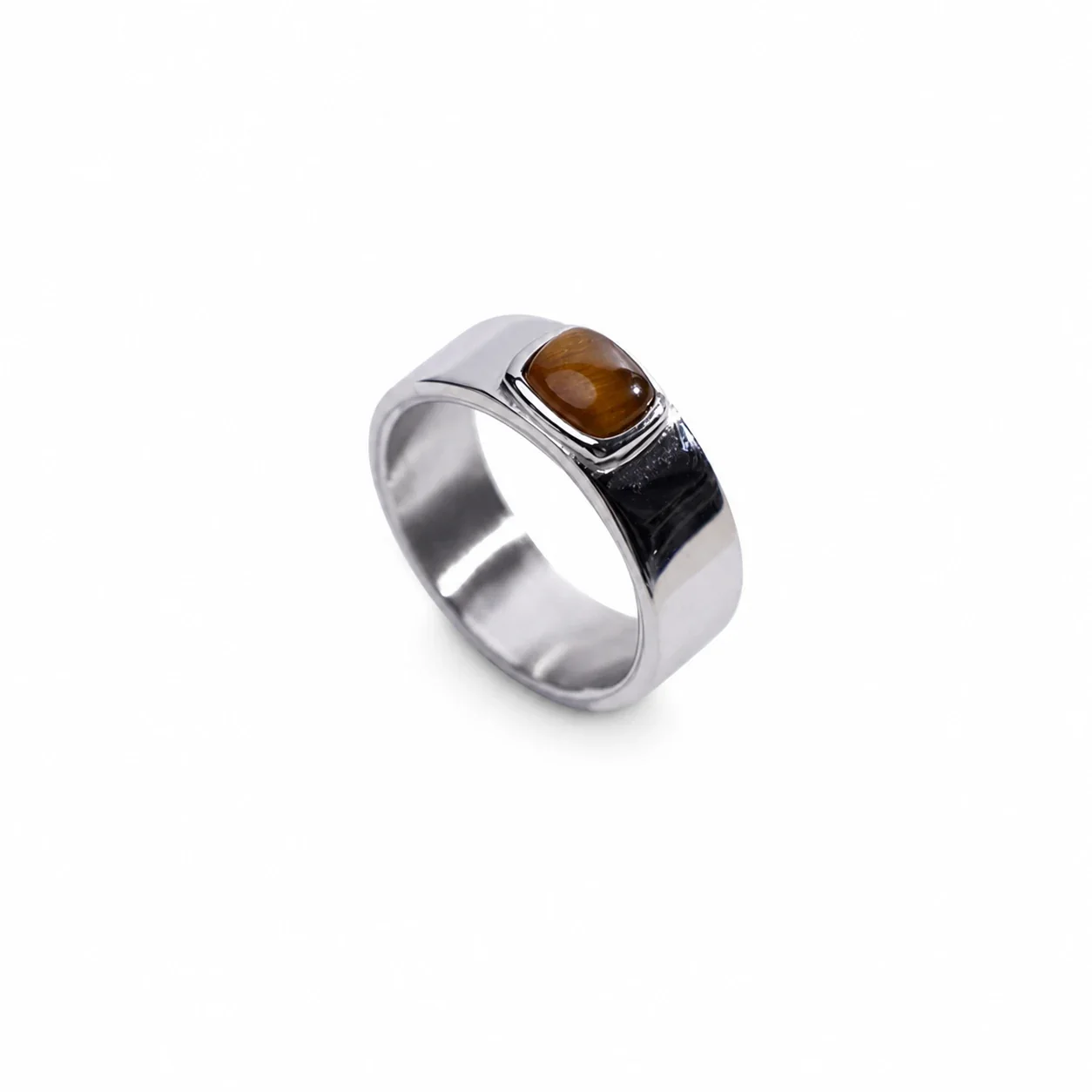 Polished 316 Stainless Steel Cushion Stone Signet Ring - Silver Tiger Eye