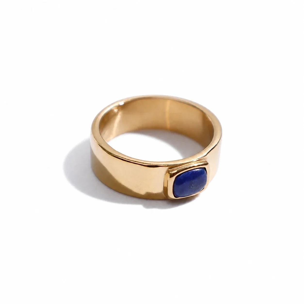 Polished 316 Stainless Steel Cushion Stone Signet Ring - Gold Lapis Lazuli