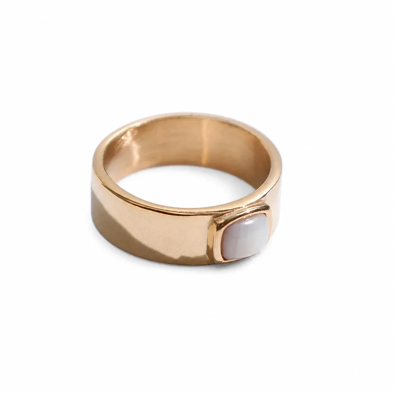 Polished 316 Stainless Steel Cushion Stone Signet Ring - Gold White Shell