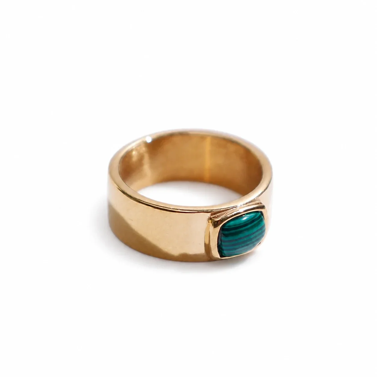 Polished 316 Stainless Steel Cushion Stone Signet Ring - Gold Synthetic Peacock Blue