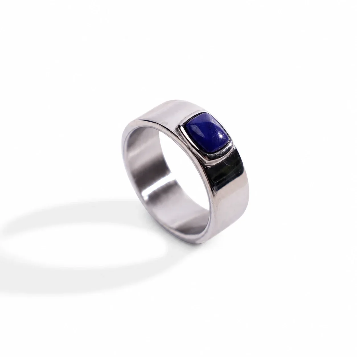 Polished 316 Stainless Steel Cushion Stone Signet Ring - Silver Lapis Lazuli