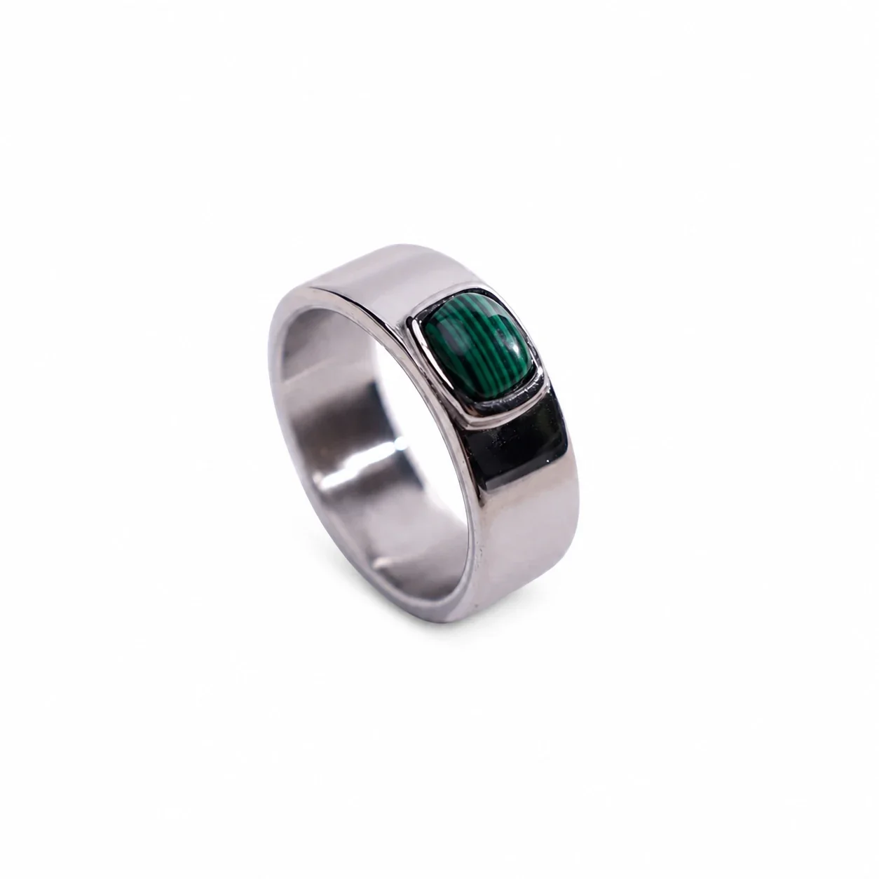 Polished 316 Stainless Steel Cushion Stone Signet Ring - Silver Synthetic Peacock Blue