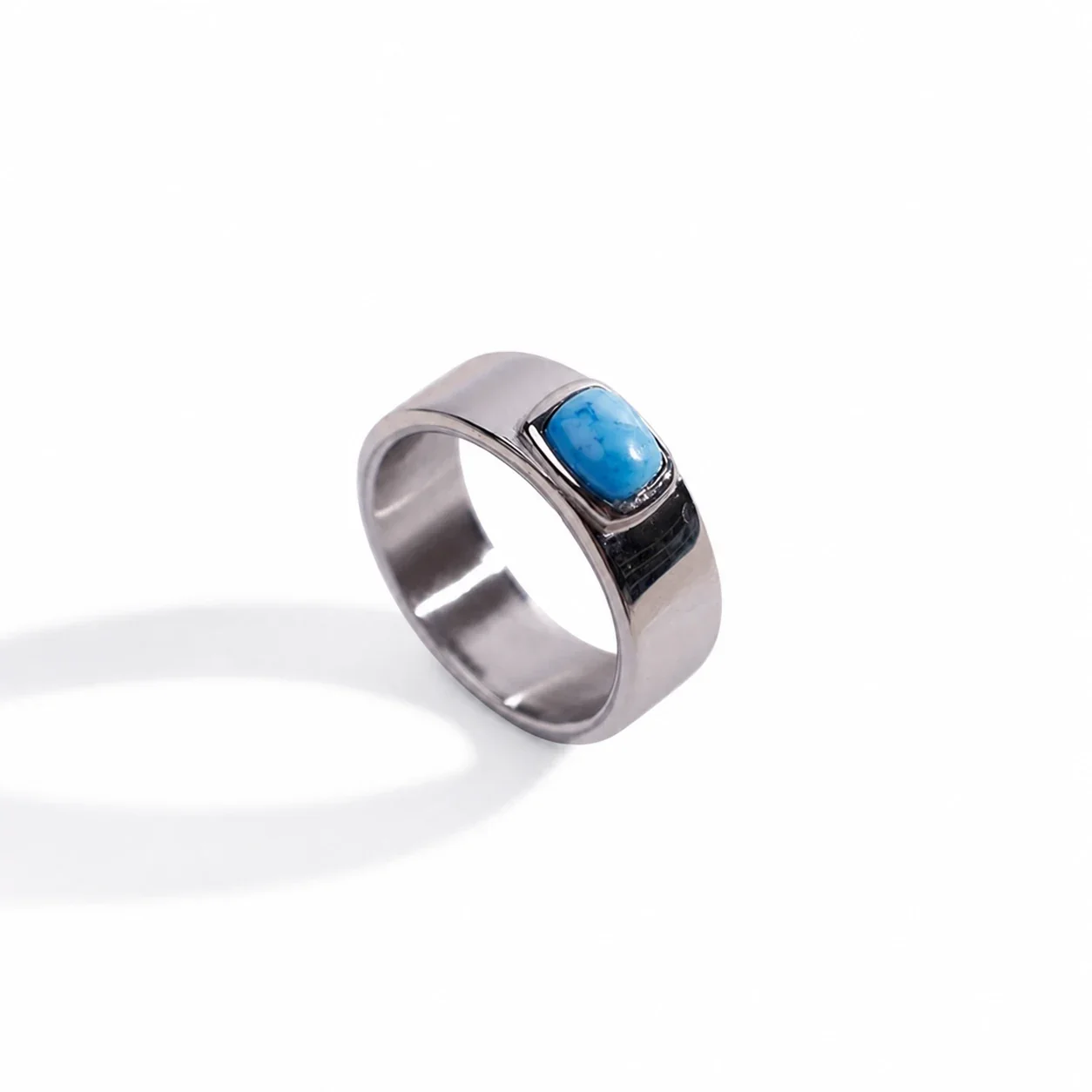 Polished 316 Stainless Steel Cushion Stone Signet Ring - Silver Enhanced Turquoise