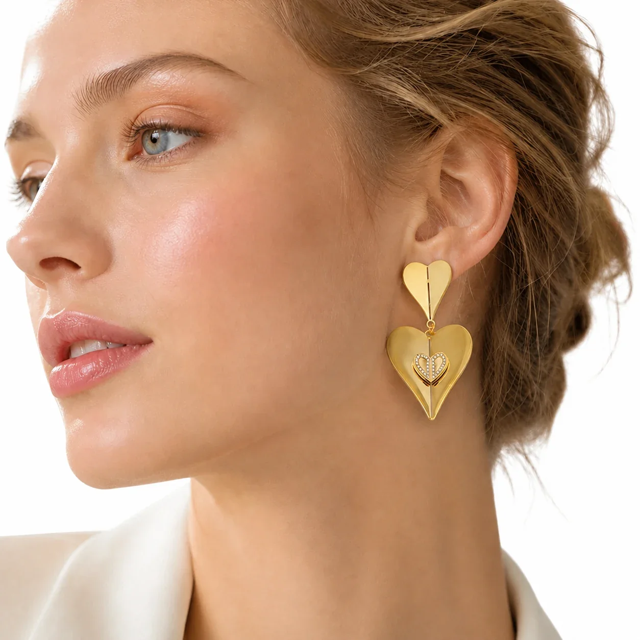 Sculptural 316 Stainless Steel Double-Heart CZ Drop Earrings